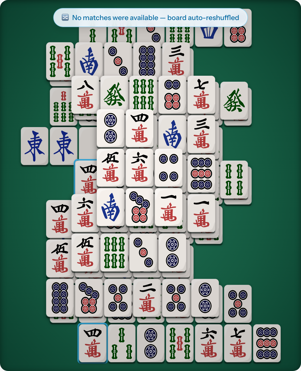 A banner at the top of the screen reading that no matches were available and the board was auto-reshuffled