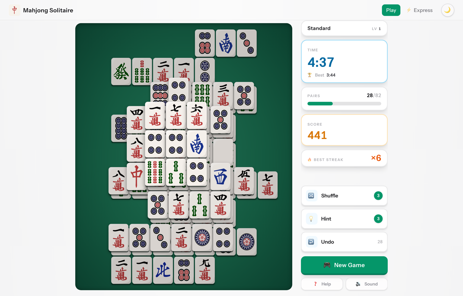 Mahjong Solitaire main screen — a classic pyramid board on a green felt table, with a timer, match progress, and score down the right side