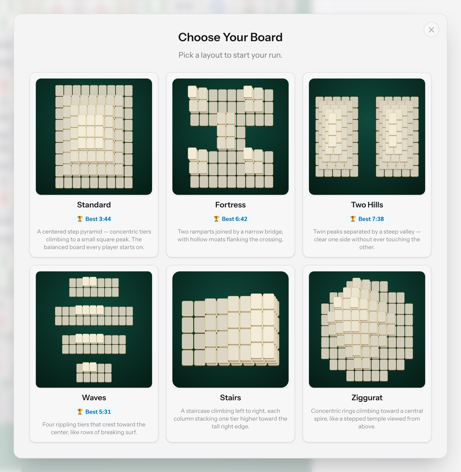 The New Game board picker showing six preview cards, one per shape, each with its own best completion time listed underneath