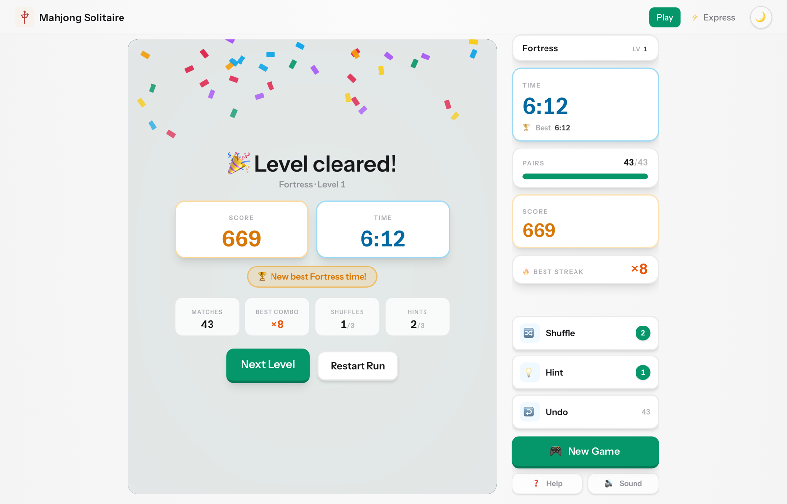 A level-complete screen showing score, completion time, best combo, and power-ups used