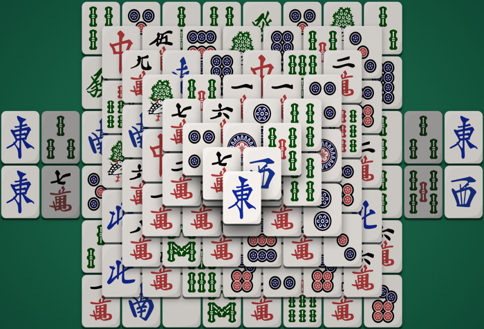 Standard Mahjong Solitaire board — a turtle-shaped mound with two side handles, 144 tiles