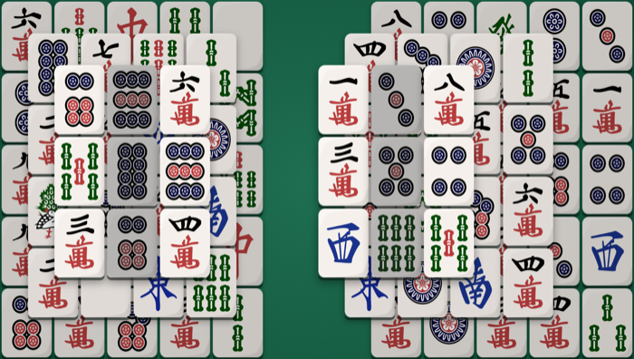 Two Hills Mahjong Solitaire board — two independent peaks separated by a steep valley, 100 tiles