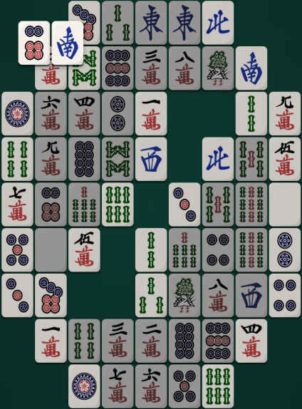Yin-Yang Mahjong Solitaire board — a filled disc cut by an S-curve, 64 tiles
